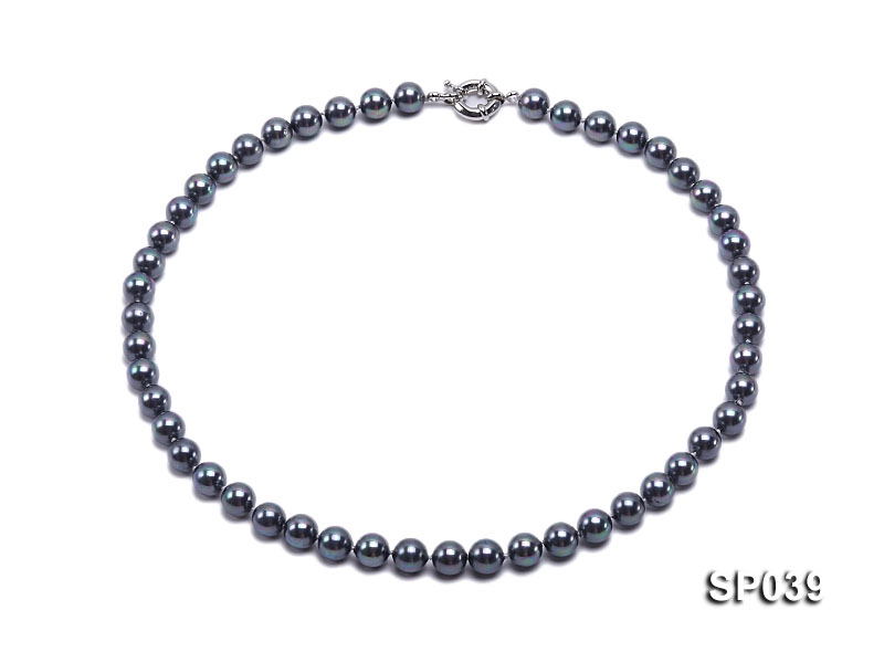 8mm black round seashell pearl necklace with white gilded clasp