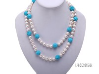 9-10mm natural white round freshwater pearl with carved blue turquoise necklace