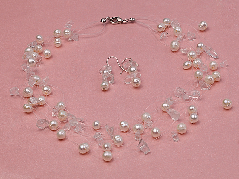 10-strand White Freshwater Pearl & Rock Crystal Chips Galaxy Necklace and Earrings Set
