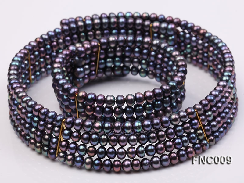 Four-row 5mm Black Freshwater Pearl Choker Necklace and Bracelet Set