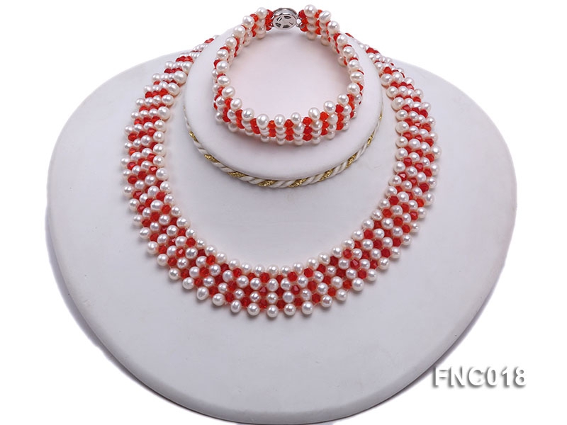 5-5.5mm White Freshwater Pearl and Red Crystal Beads Choker Necklace and Bracelet Set