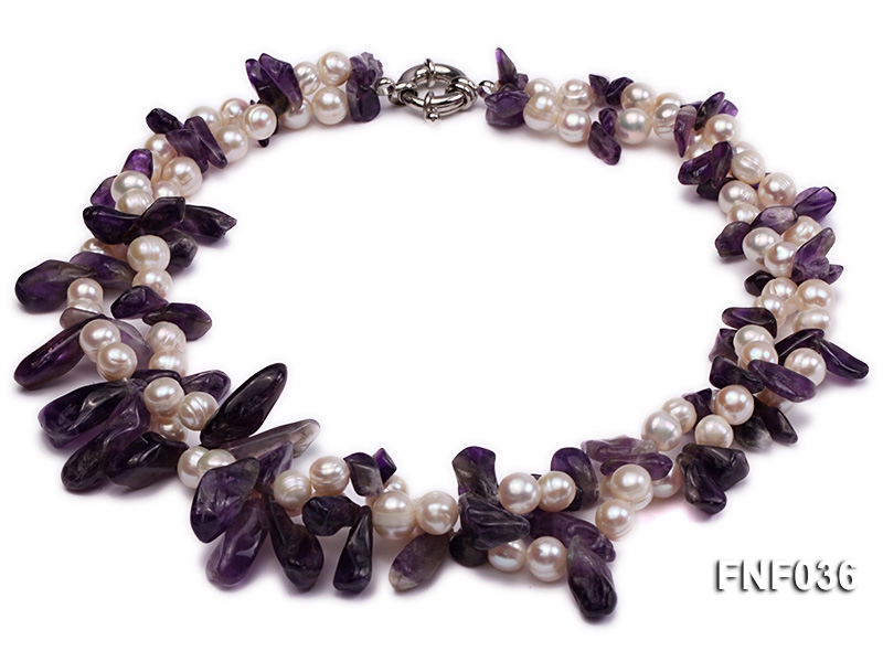 Two-strand 6-8mm White Freshwater Pearl and Purple Baroque Crystal Chips Necklace