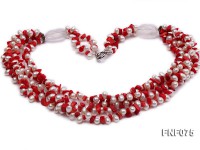 Four-strand 6-7mm White Freshwater Pearl and Red Coral Chips Necklace