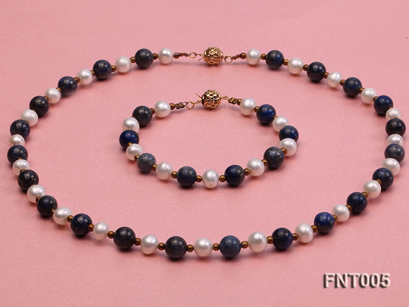 7-8mm White Freshwater Pearl & Round lapis lazuli Beads Necklace and Bracelet Set