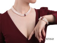 Tow-row 6-7mm White Freshwater Pearl & Red Agate Beads Necklace and Bracelet Set
