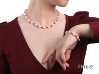 White Rice-shaped Freshwater Pearl & Red Crystal Beads Necklace, Bracelet and Earrings Set