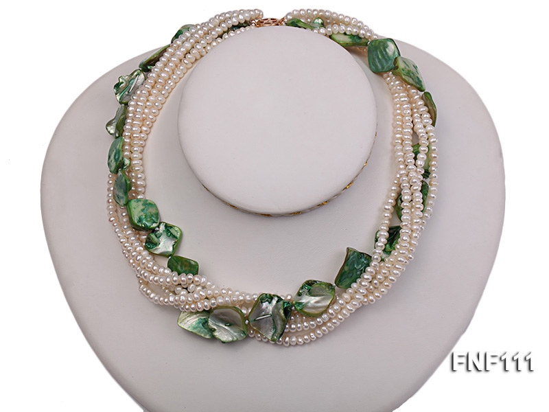 Six-strand 3-4mm White Freshwater Pearl and Green Sea-shell pieces Necklace
