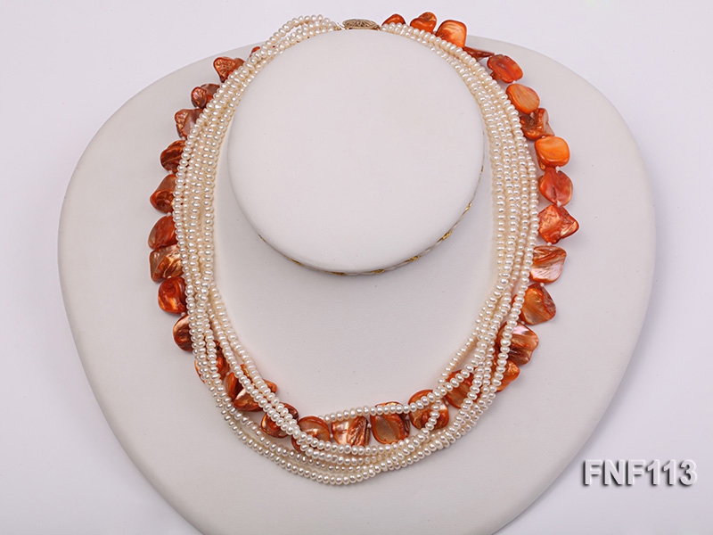 Six-strand 3-4mm White Freshwater Pearl and Orange Sea-shell pieces Necklace