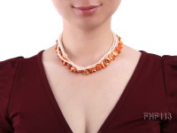 Six-strand 3-4mm White Freshwater Pearl and Orange Sea-shell pieces Necklace