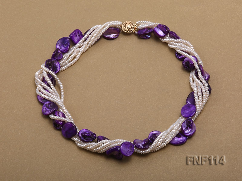 Six-strand White Freshwater Pearl and Purple Shell Pieces Necklace