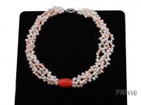 Four-strand 5-6mm White Freshwater Pearl Necklace with Coral Beads