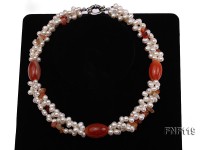 Three-strand White Freshwater Pearl Necklace with Red Agate Beads