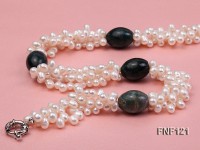 Three-strand 5-6mm White Freshwater Pearl Necklace with Dark-green Agate Beads