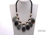 Black Agate Necklace with White Freshwater Pearls and Purple Fluorite Pendants