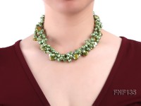 Three-strand Green Flat Freshwater Pearl and Dark-green Button Pearl Necklace