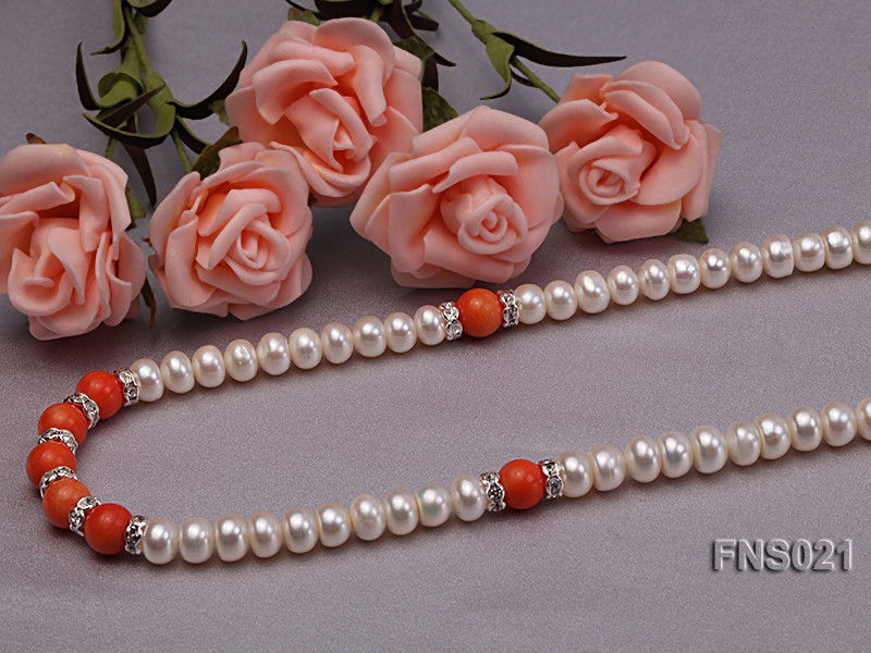 8-9mm natural white flat freshwater pearl with red coral single strand necklace