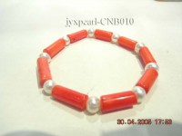 7x15mm Red Cylindrical-Shaped Coral and White Pearl Bracelet