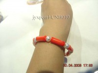 7x15mm Red Cylindrical-Shaped Coral and White Pearl Bracelet