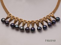 Gold-plated Metal Chain Necklace dotted with 8.5mm Black Freshwater Pearls