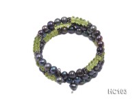 3 strand black freshwater pearl and green crystal bracelet