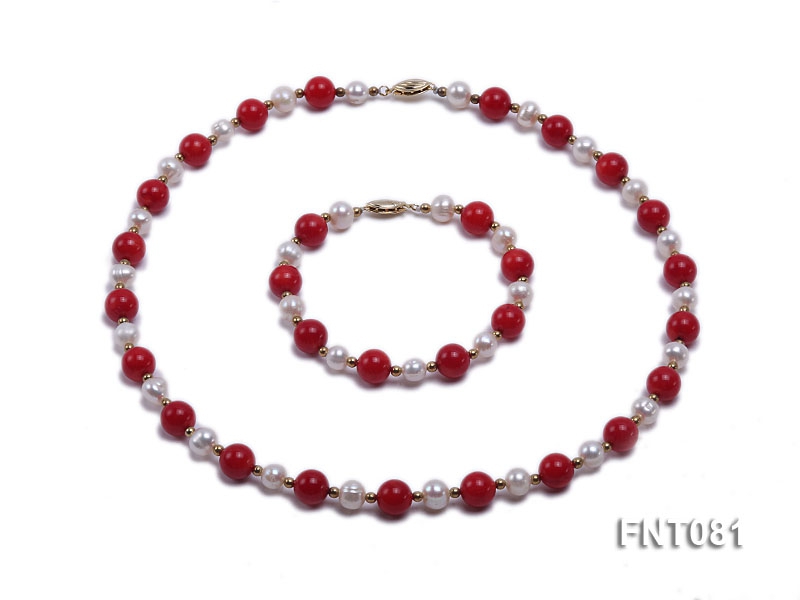 7-8mm White Freshwater Pearl & Red Coral Beads Necklace and Bracelet Set