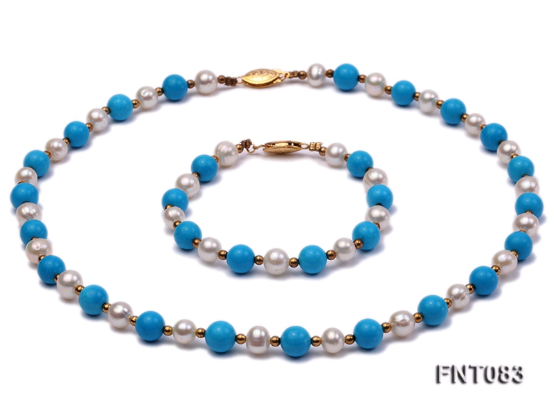 7-8mm White Freshwater Pearl & Blue Turquoise Beads Necklace and Bracelet Set