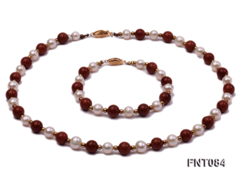 7-8mm White Freshwater Pearl and Goldstone Beads Necklace and Bracelet Set