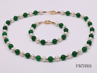 7-8mm White Freshwater Pearl & Green Jade Beads Necklace and Bracelet