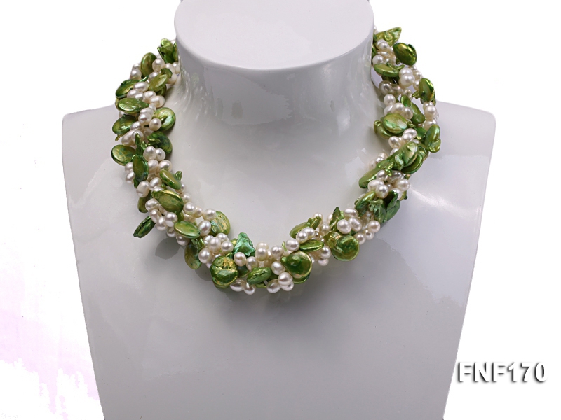 Four-strand 5-6mm White Freshwater Pearl and Green Button Pearl Necklace