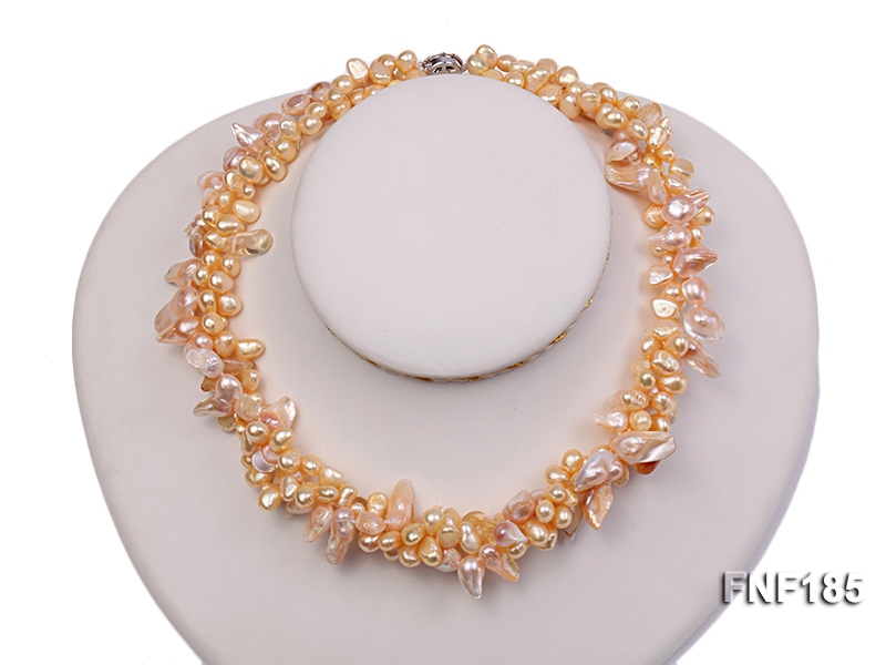 Three-strand 7x8mm Yellow Freshwater Pearl and Pink Tooth-shaped Pearl Necklace