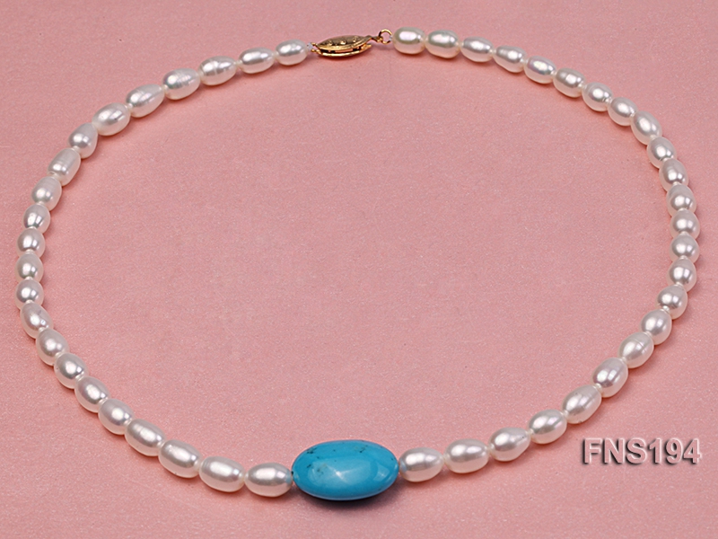 7-8mm natural white rice freshwater pearl with rice blue turquoise necklace