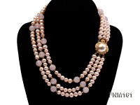 3 Strands Pink Round Freshwater Pearl with Rose Quartz Necklace