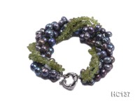 4 strand black freshwater pearl and olivine bracelet