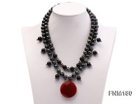 double-strand black freshwater pearl necklace with agate pendant