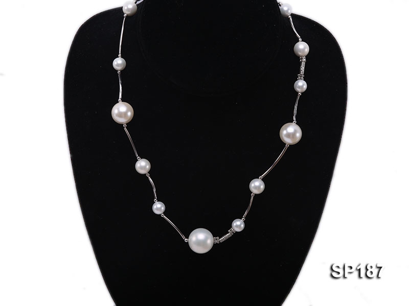 8-16mm white round seashell pearl station necklace