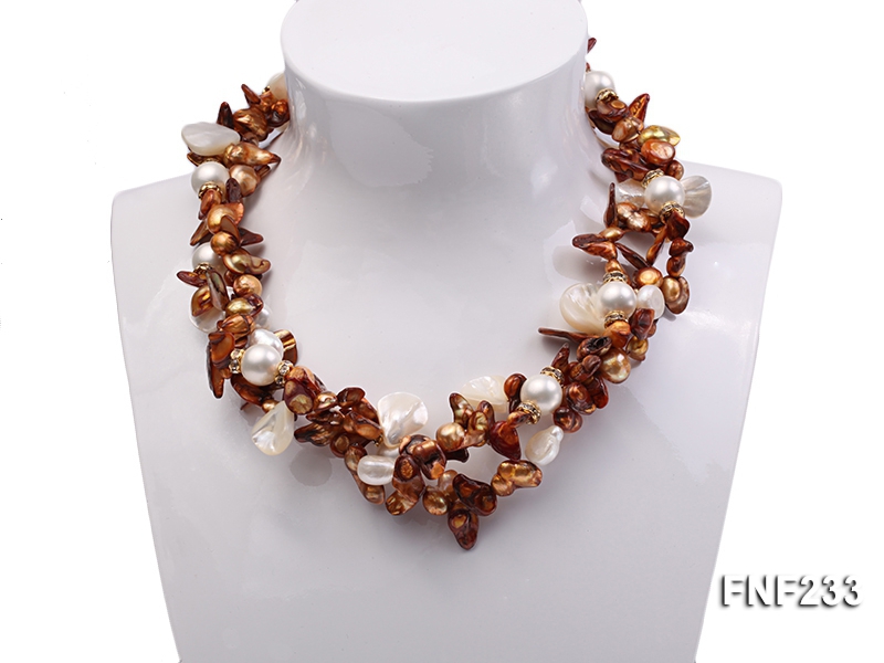 Three-strand Coffee Baroque Freshwater Pearl Necklace with White Shell Pearls and Rhinestone