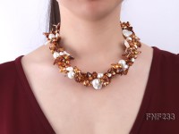 Three-strand Coffee Baroque Freshwater Pearl Necklace with White Shell Pearls and Rhinestone