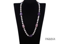9-10mm natural white rice freshwater pearl with natural amethyst and rouse quartz single necklace