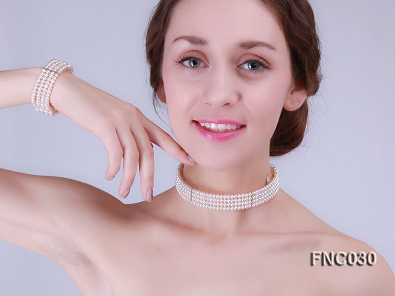 Four-row 5mm White Freshwater Pearl Choker Necklace and Bracelet Set
