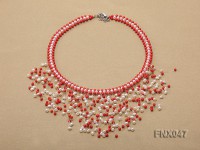 3-4mm White Cultured Freshwater Pearl & 3mm Red Coral Beads Galaxy Necklace