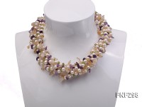 Five-strand White Freshwater Pearl Necklace with Olivine Chips, Purple and Yellow Crystal Chips