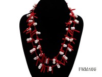 2 strand white freshwater pearl and red coral necklace