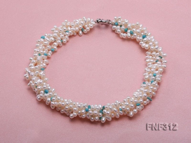 Five-strand White Freshwater Pearl Necklace Dotted with Baroque Turquoise Chips