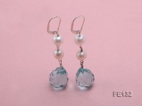 7.5mm White Freshwater Pearl & Blue Drop-shaped Crystal Earrings