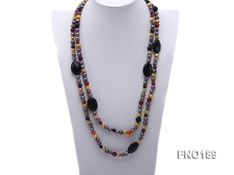 7-8mm multi-color freshwater pearl with carved black agate and crystal necklace