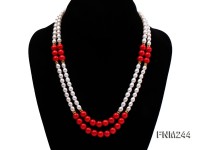 2 strand white oval freshwater pearl and coral necklace