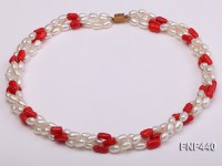 Three-strand 6x8mm White Freshwater Pearl and Red Coral Beads Necklace