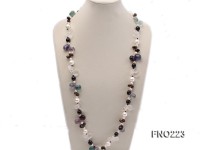 8-9mm natual white freshwater pearl with natural fluorite and smoky quartz necklace