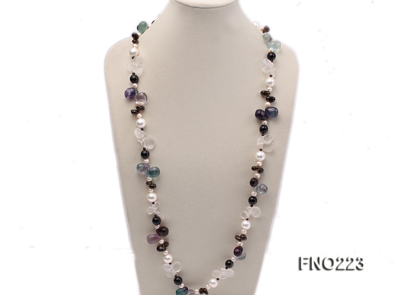 8-9mm natual white freshwater pearl with natural fluorite and smoky quartz necklace