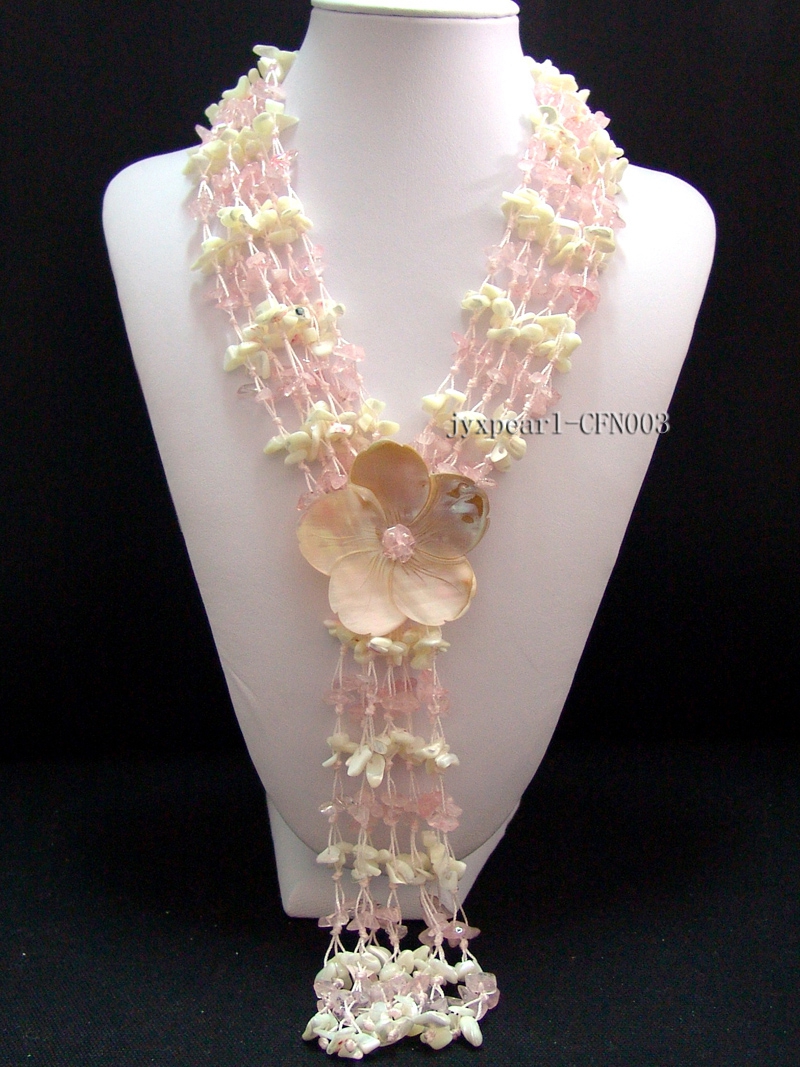 Multi-Strand 8-13mm Rose Quartz Chips and White Shell and Flower-Shaped Shell Necklace